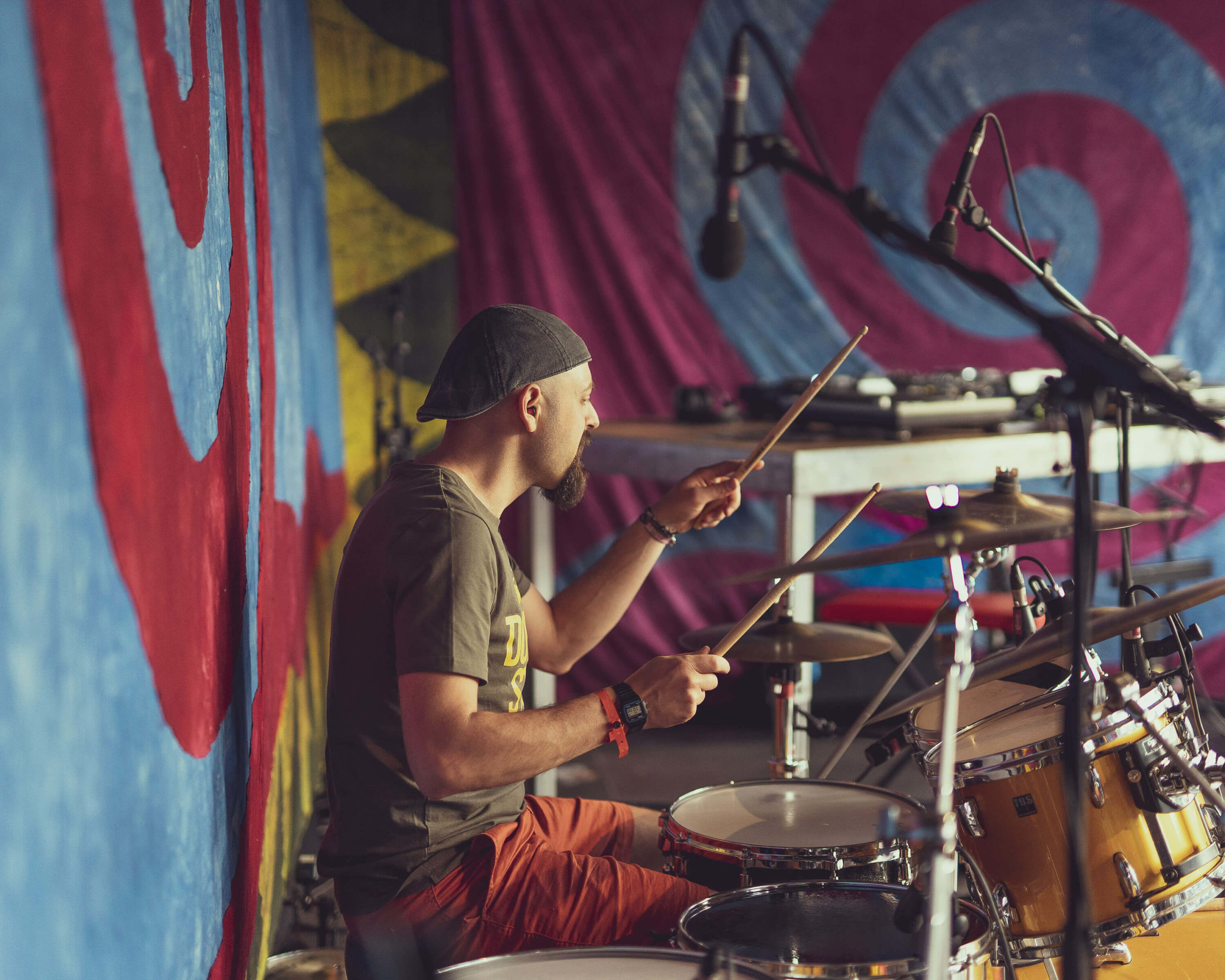The Downsteppas drummer on Black Atlantica stage at concert at street festival Karneval der Kulturen Berlin